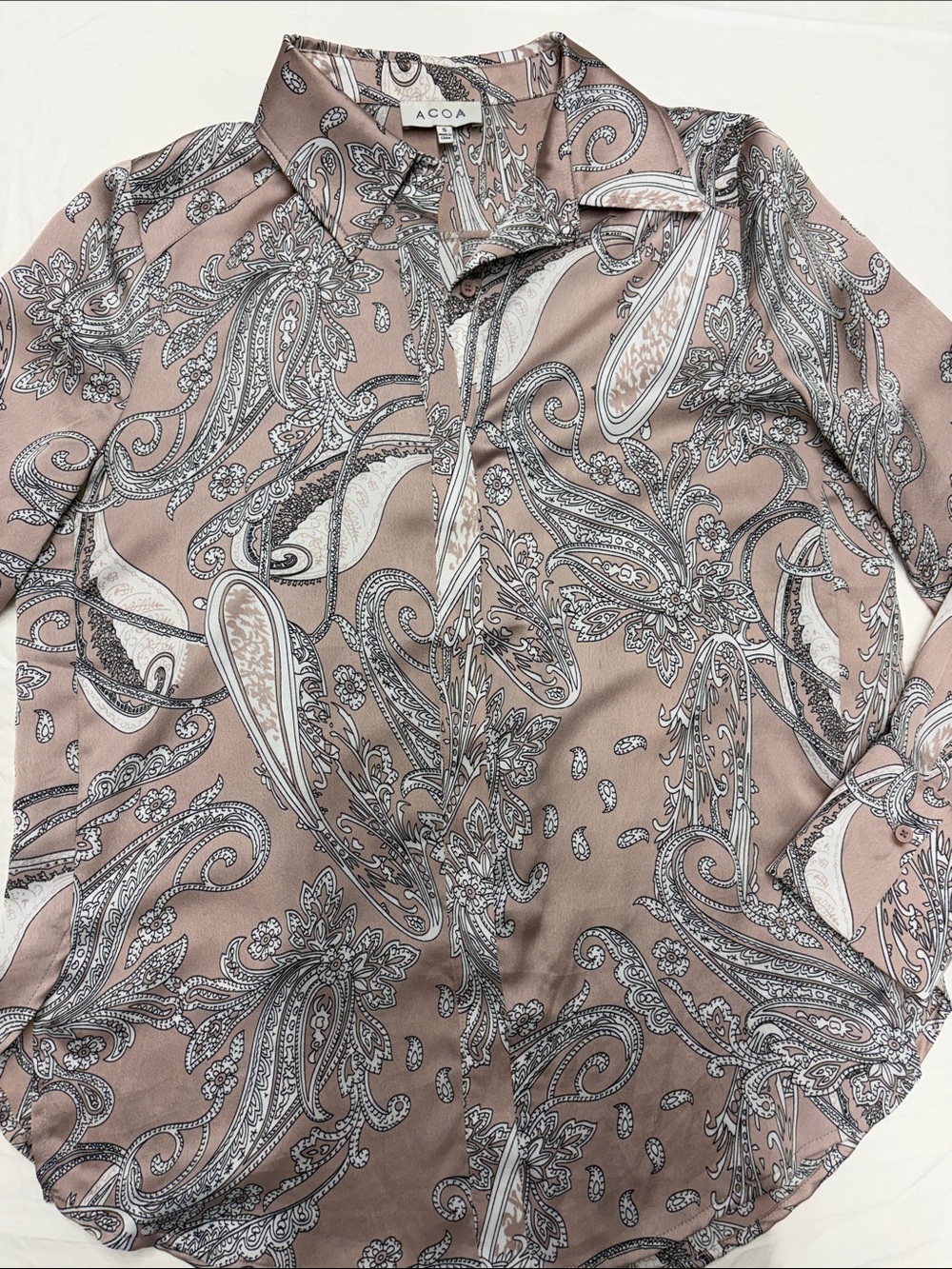 ACOA Women's Paisley Satin Button-Down Shirt in Rose/Silver/Gray size Small